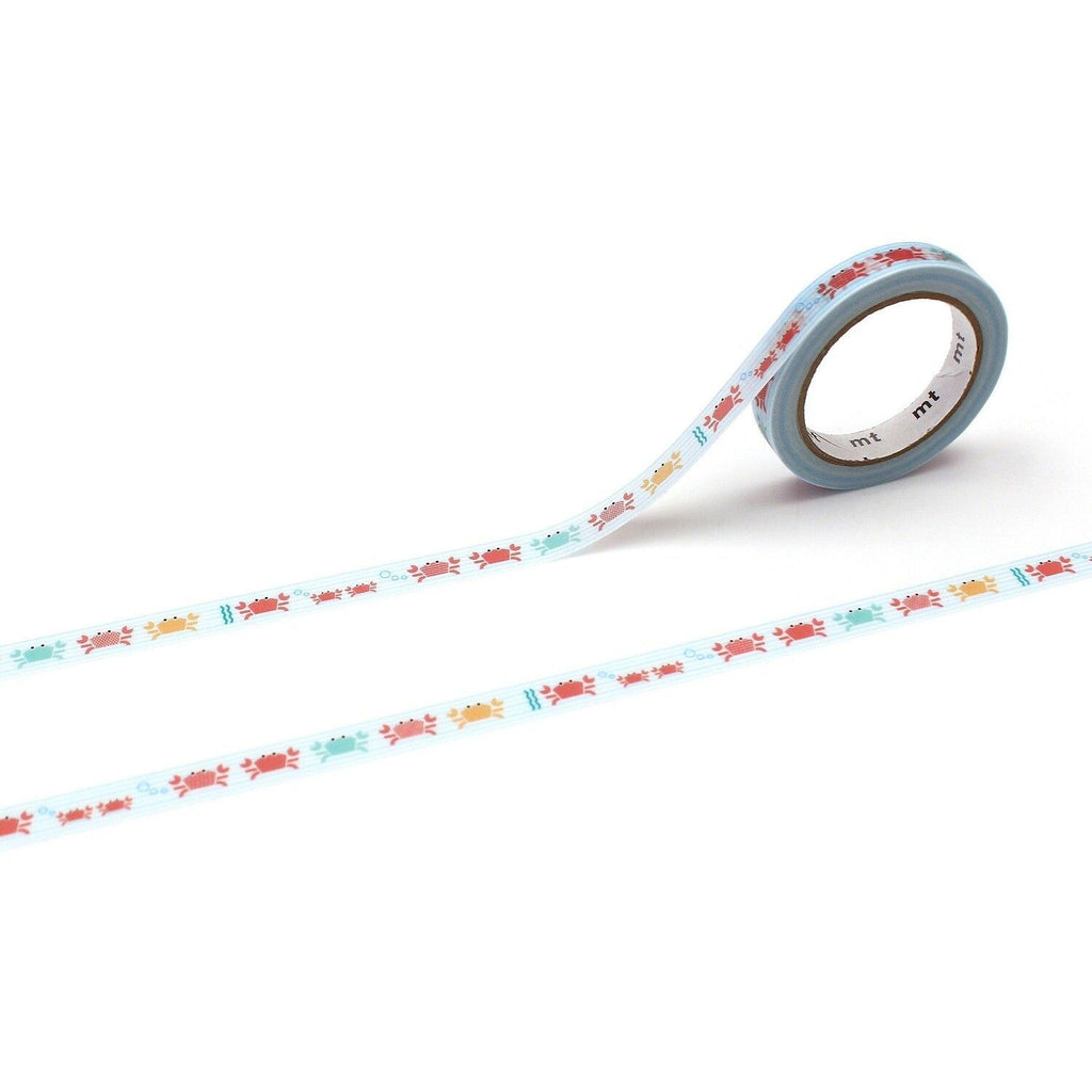 a roll of blue and white patterned tape with a repeating design of red and yellow crabs on a white background.
