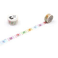 two rolls of colorful washi tape with various patterns and designs, including cartoon characters and abstract shapes, laid out on a white background.