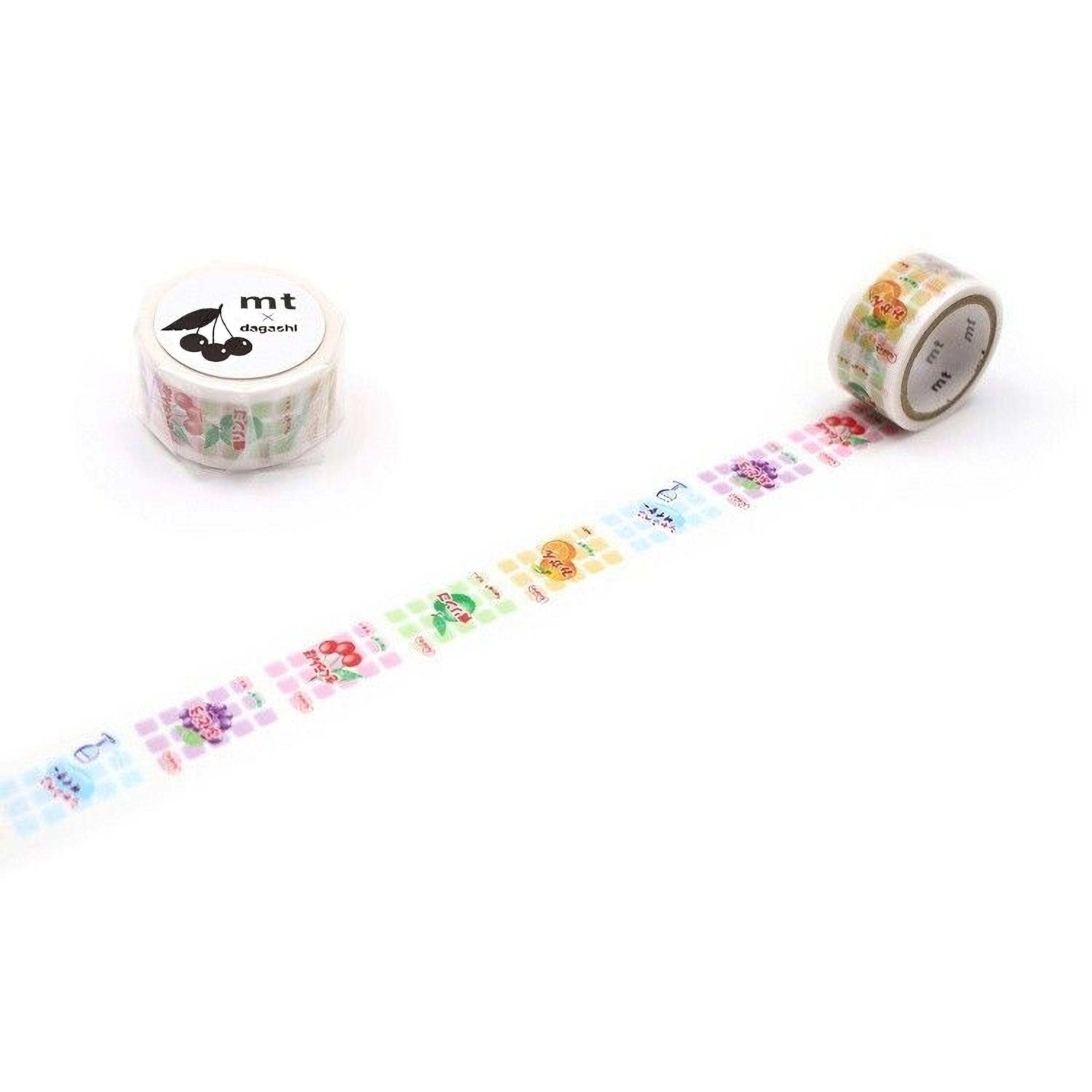 two rolls of colorful washi tape with various patterns and designs, including cartoon characters and abstract shapes, laid out on a white background.
