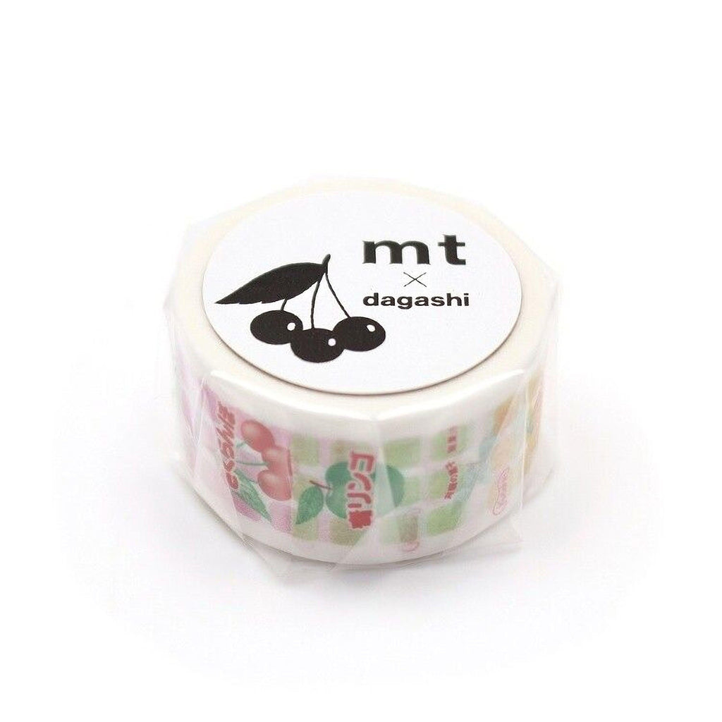 A roll of white tape with a black and white design featuring cherries and the text "mt" printed on it.
