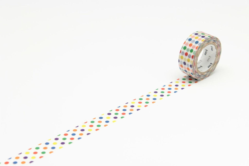 A roll of colorful polka dot tape is lying on a white surface, with a pattern of polka dots visible on the tape.