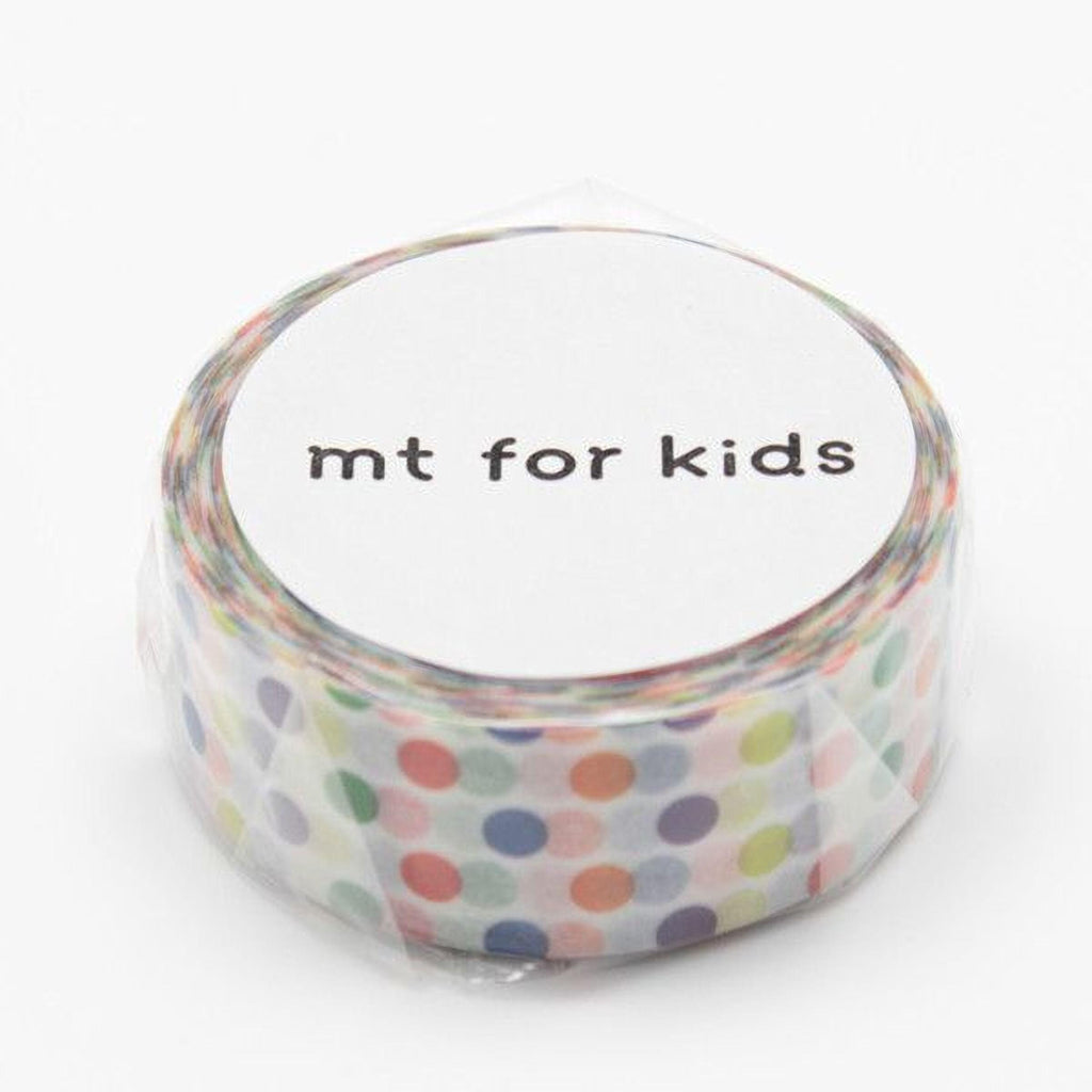 A roll of colorful polka dot tape with the text "mt for kids" printed on it.