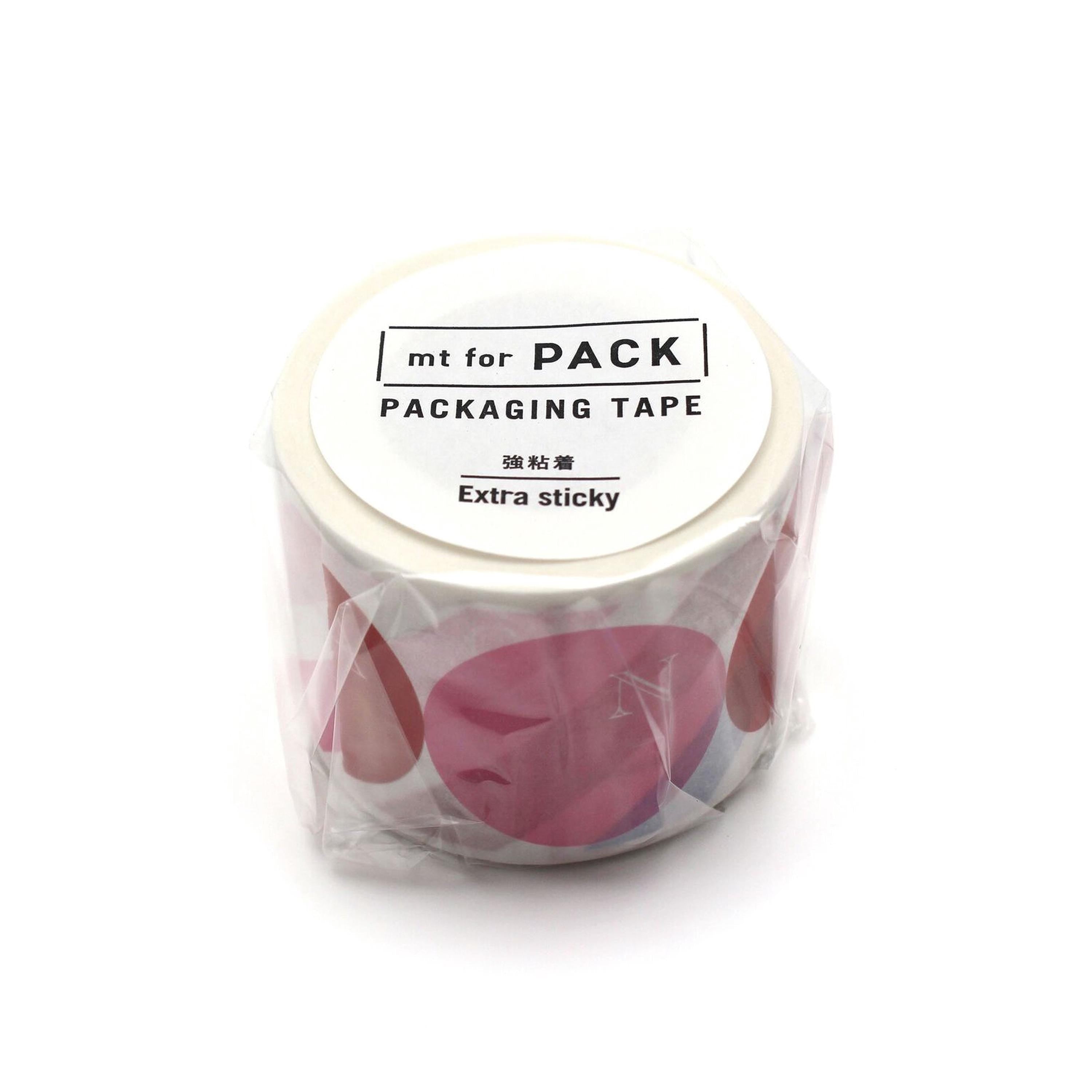 A roll of packaging tape with a pink and white design, wrapped in plastic and labeled as "mt for PACK Packaging Tape Extra sticky".