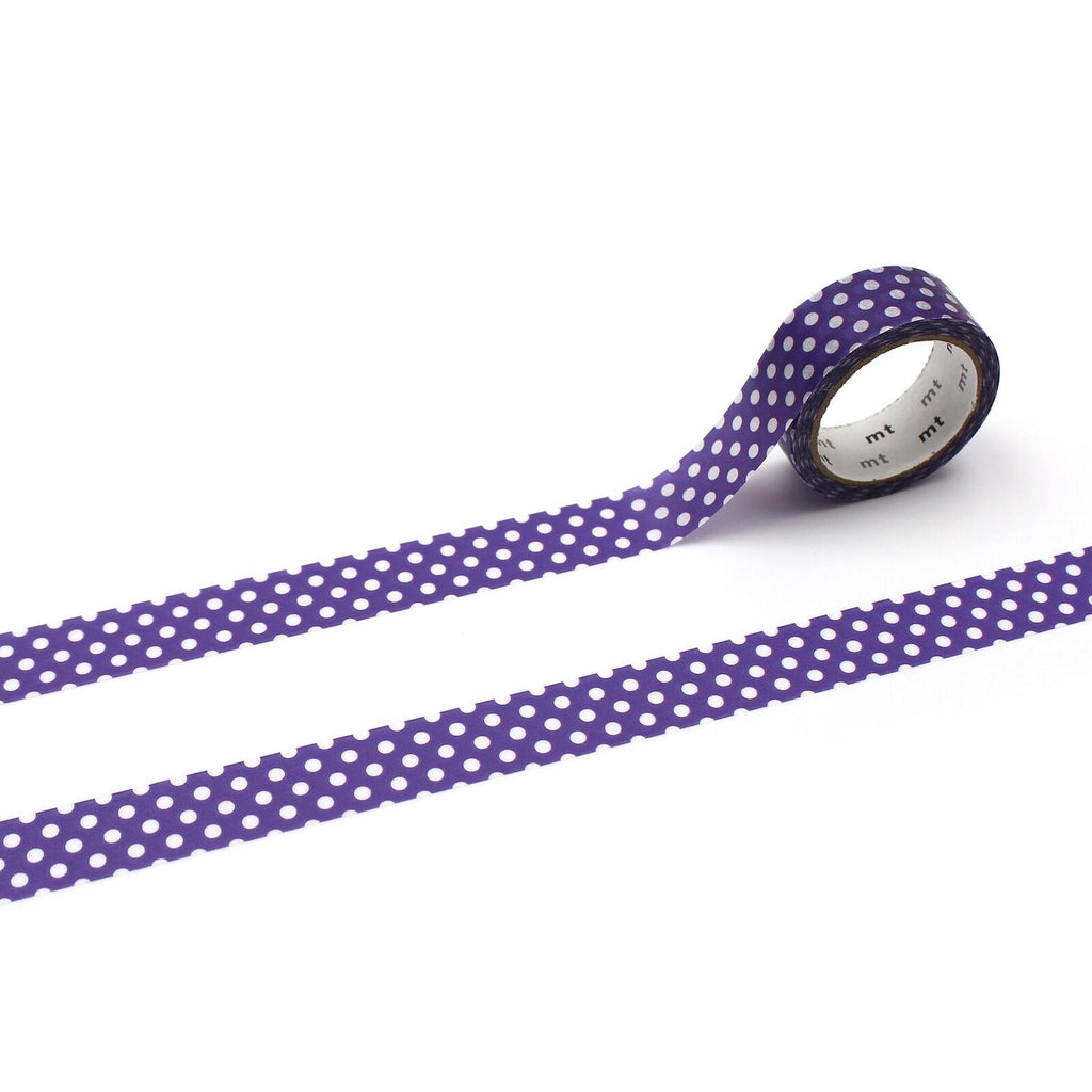 a roll of purple and white polka dot tape lying on a white background.