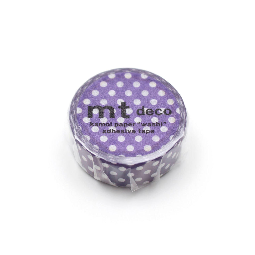 A purple and white polka dot roll of kamol paper washi tape.