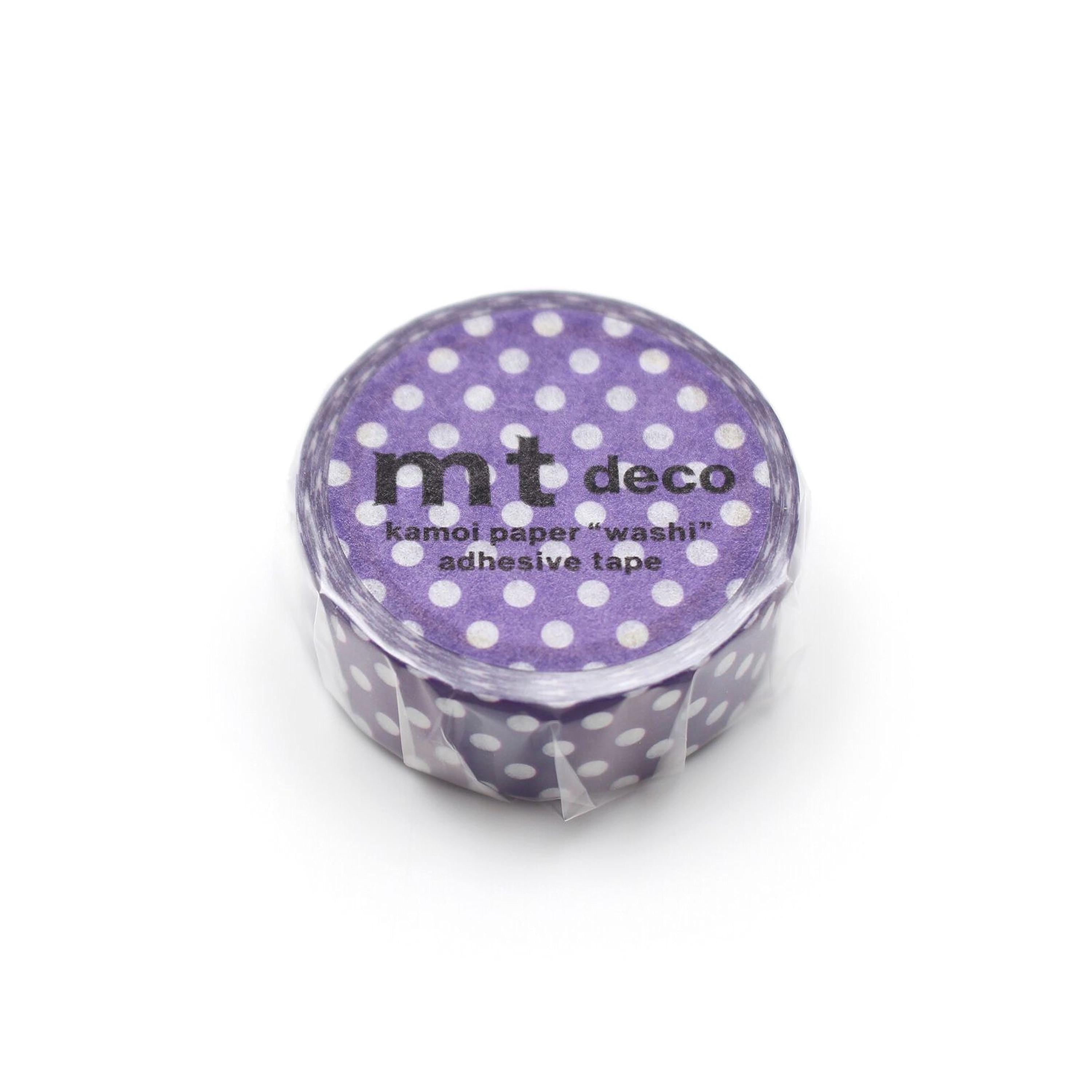 A purple and white polka dot roll of kamol paper washi tape.