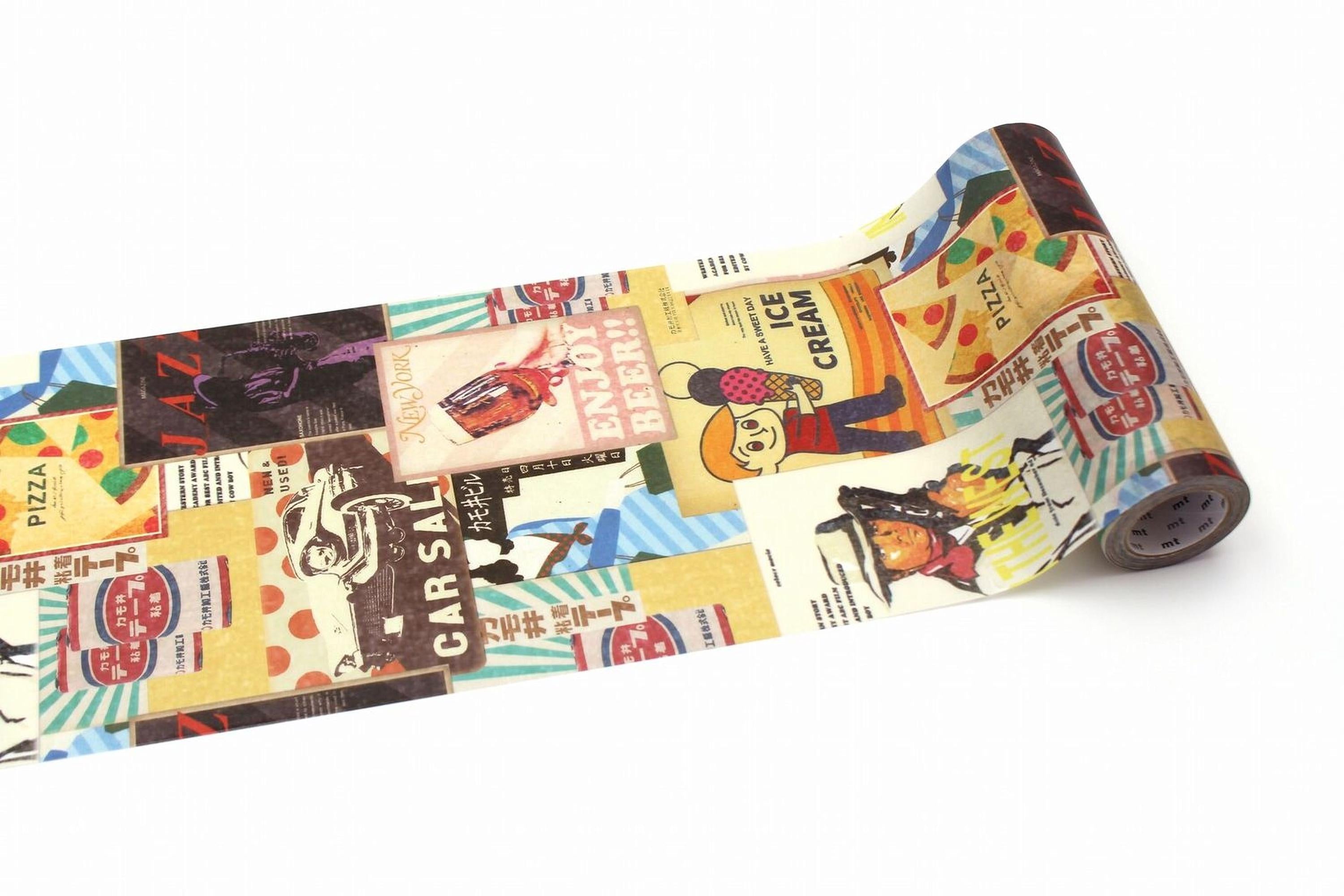 The image is a roll of paper tape with a collage of various colorful and patterned images, including images of pizza, ice cream, and other food items.