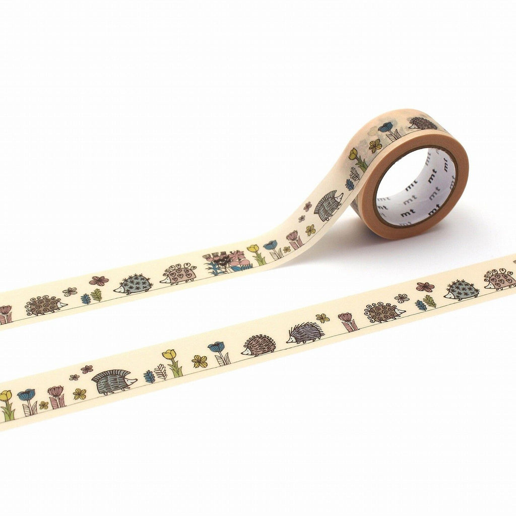 a roll of beige tape with a repeating pattern of hedgehog illustrations on it.