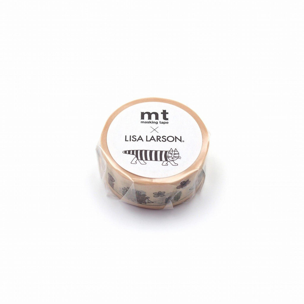 A round container of masking tape with a label that includes the name 'Lisa Larson' and a graphic of a cat.