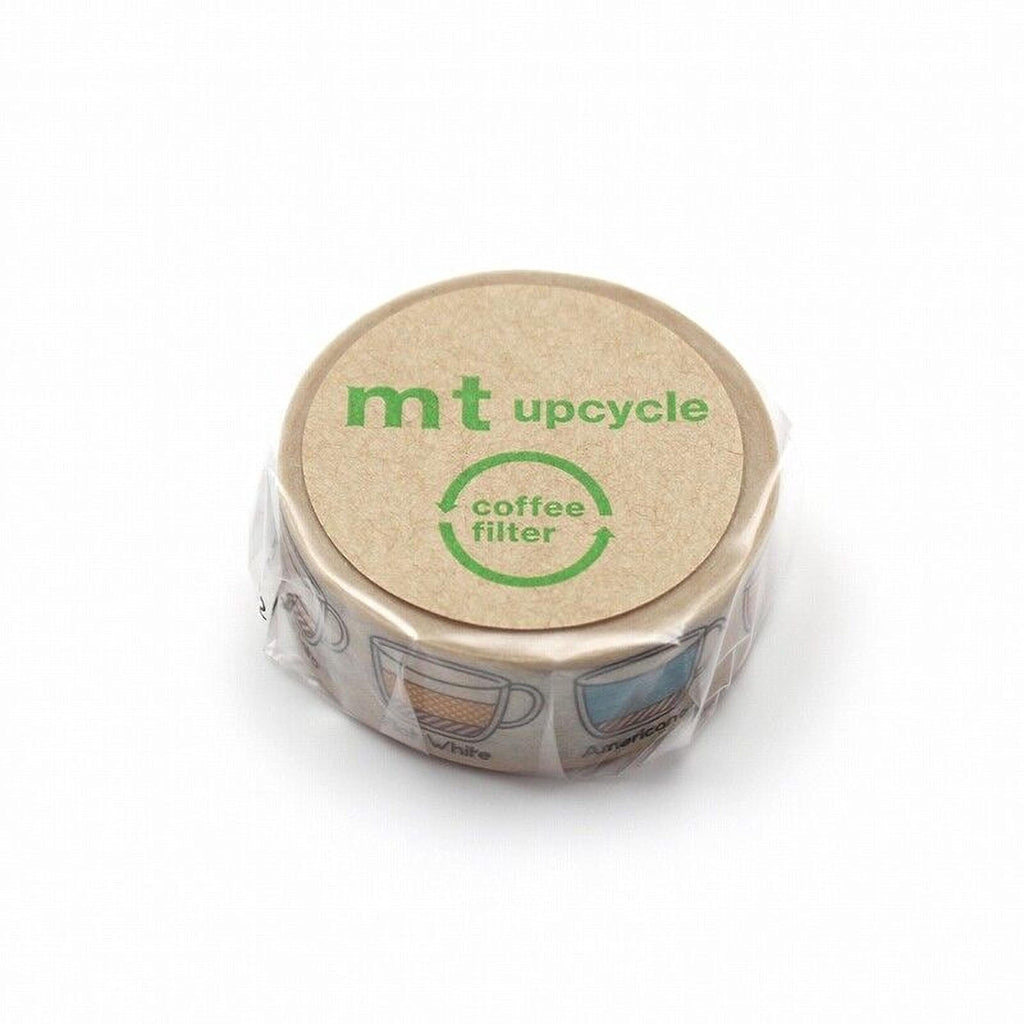 A circular container with a label that says "mt upcycle coffee filter" and features a green recycling symbol.