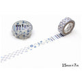 two rolls of blue and white patterned tape on a white background.