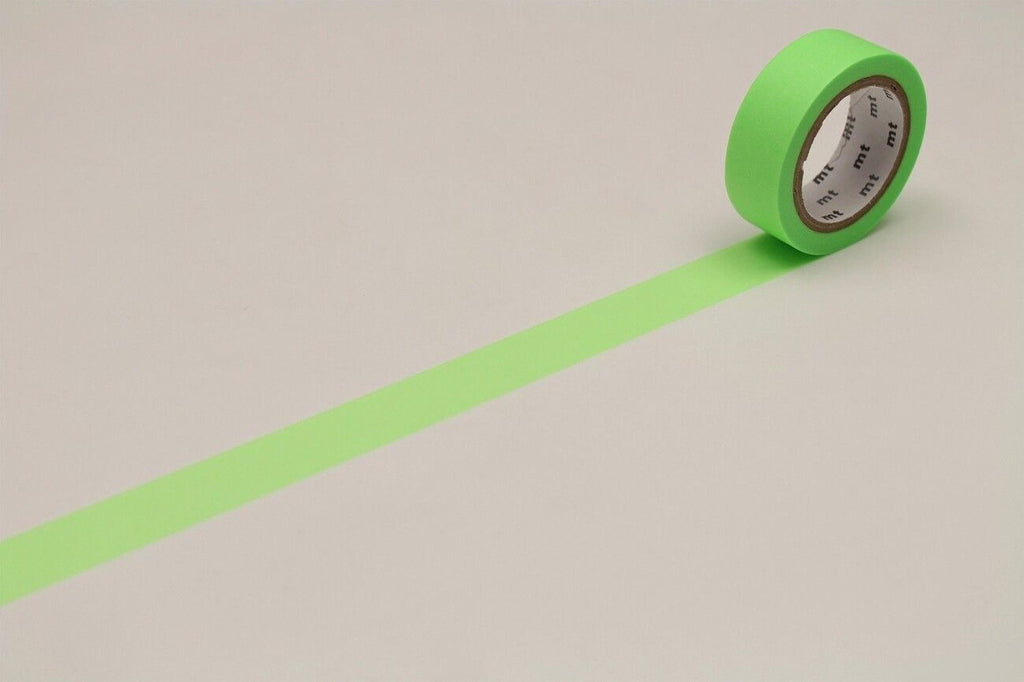 A roll of green tape with a white pattern on it is lying on a white surface, with a green line drawn on the surface.