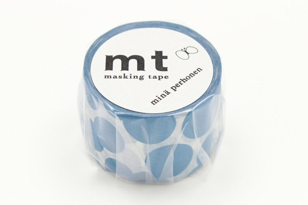 A blue and white roll of masking tape with the text "mt masking tape mini perhönen" printed on it.