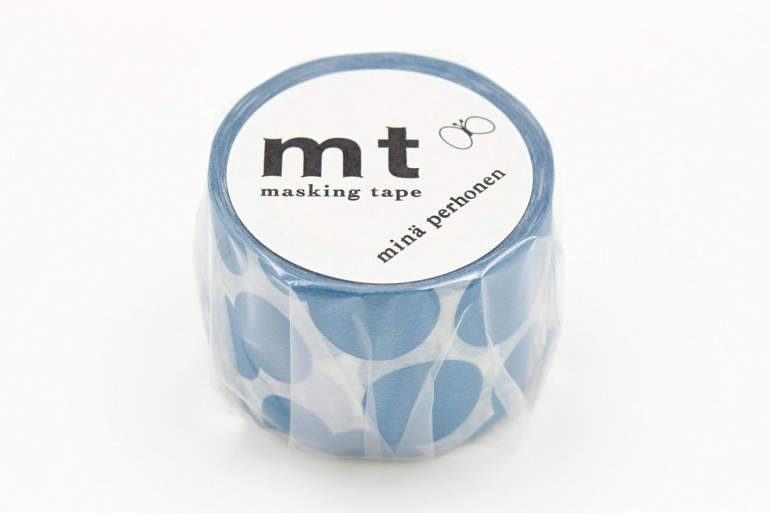 A blue and white roll of masking tape with the text "mt masking tape mini perhönen" printed on it.