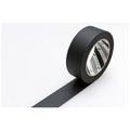 A roll of black tape with a silver loop is shown against a white background.