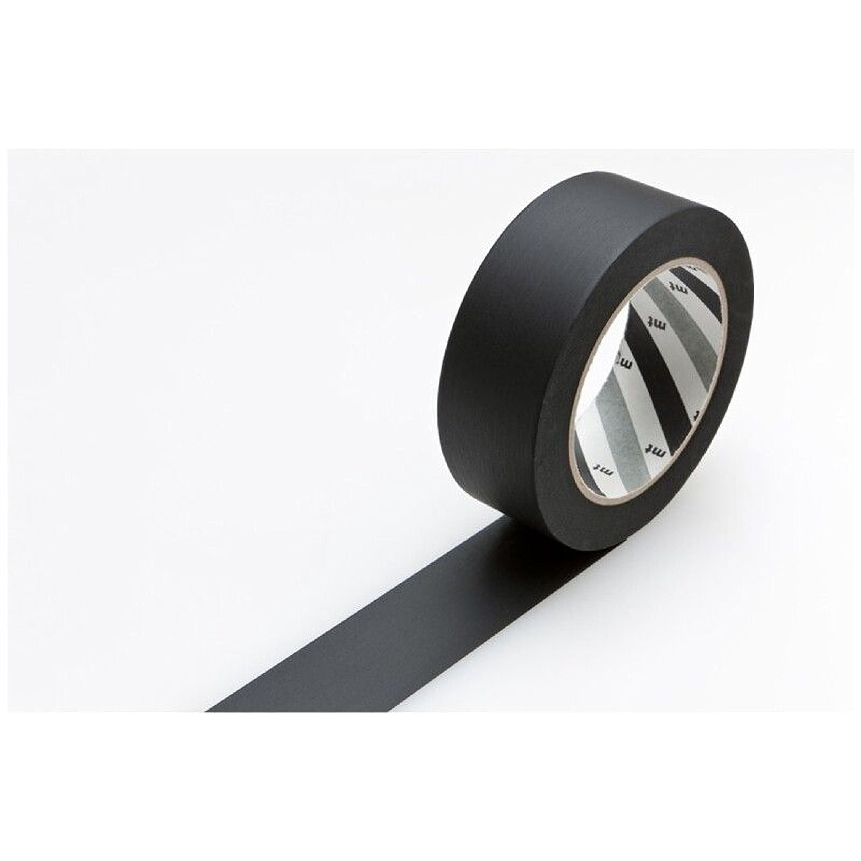 A roll of black tape with a silver loop is shown against a white background.