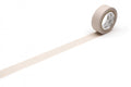 A roll of beige tape with a white label is placed on a white surface, with a long, straight line extending from the tape.