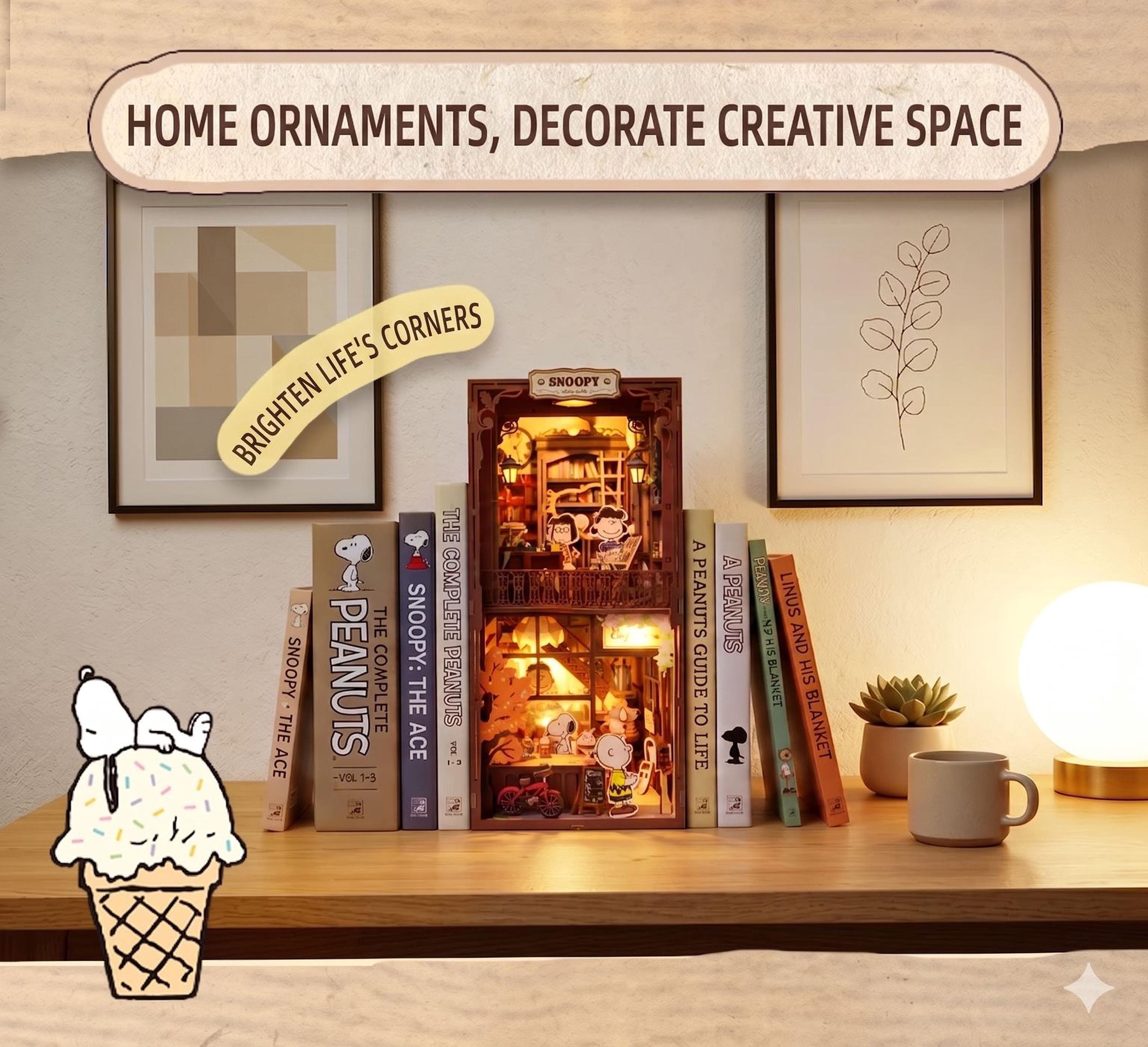 a wooden bookshelf with a miniature Peanuts-themed dollhouse, surrounded by various books and decorative items.