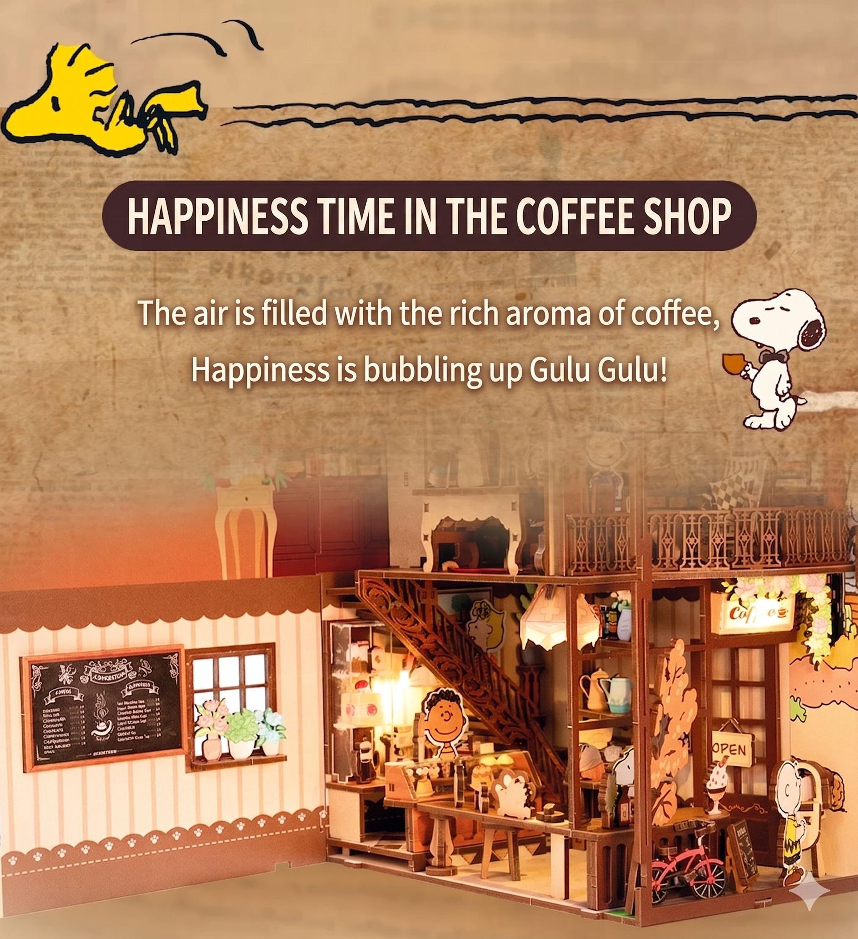 The image is a collage of various elements, including a cartoon character, a coffee shop, and a staircase. The caption reads "Happiness time in the coffee shop" and "The air is filled with the rich aroma of coffee, Happiness is bubbling up Gulu Gul!"