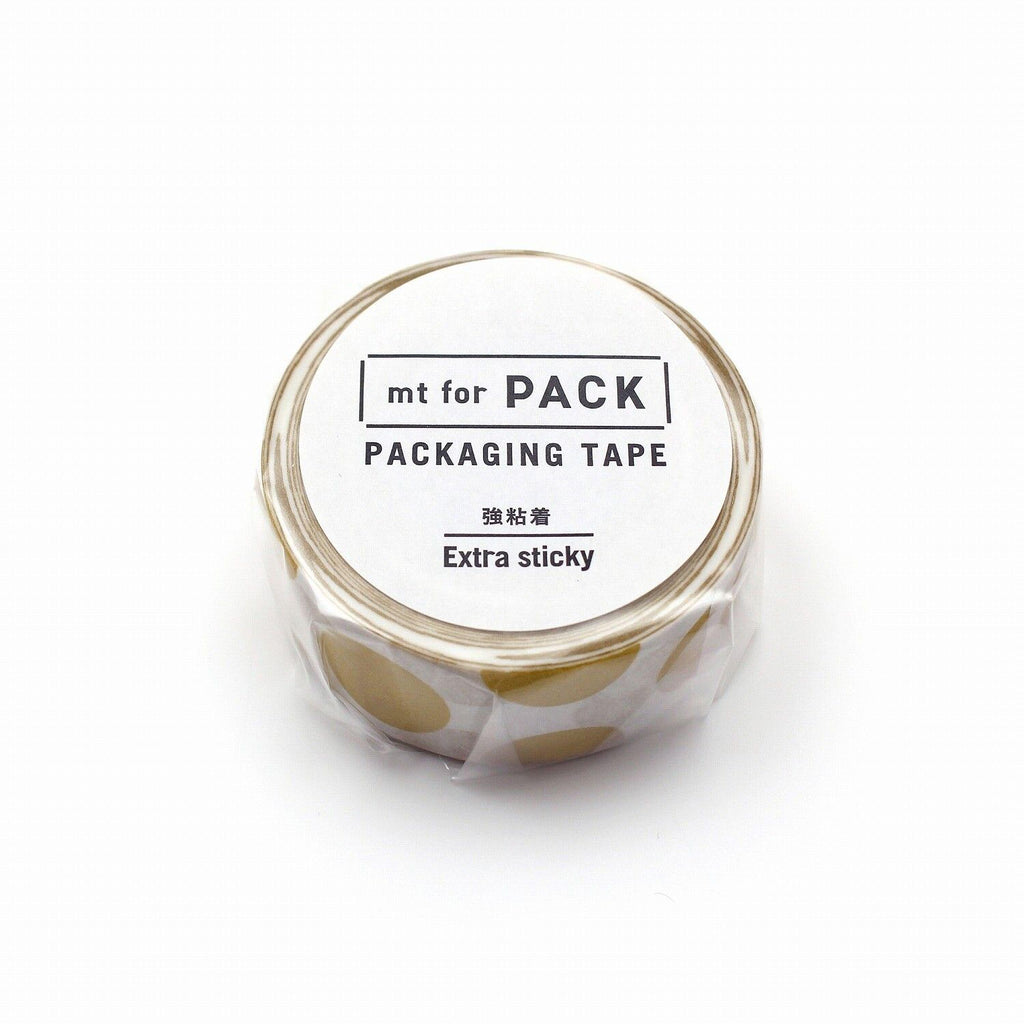 A cylindrical container of packaging tape with a label that reads "mt for PACK PACKAGING TAPE Extra sticky".