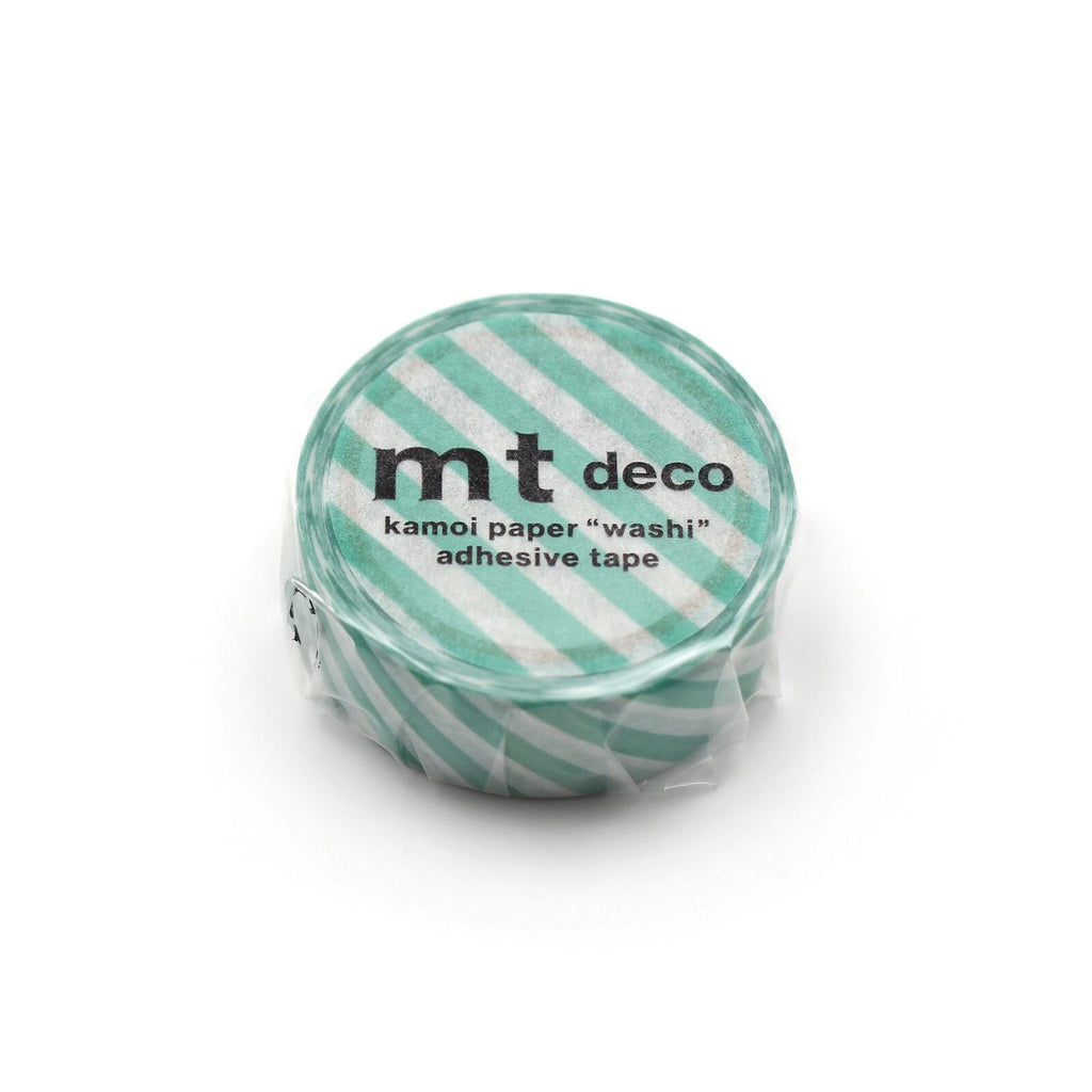 A roll of kamoli paper "washi" adhesive tape with a green and white striped pattern.