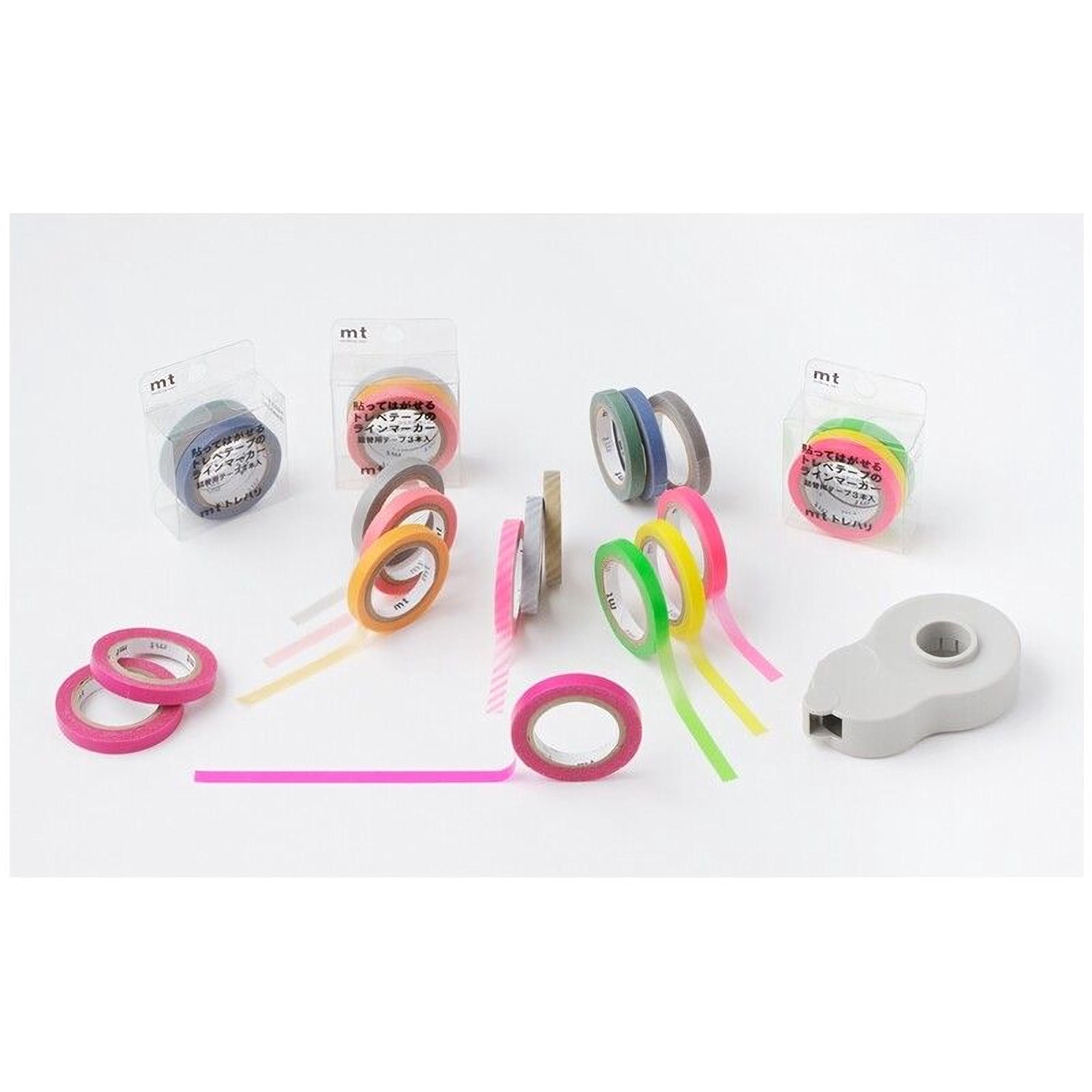 a variety of colorful and transparent tape rolls, including pink, green, yellow, and blue ones, arranged on a white background.