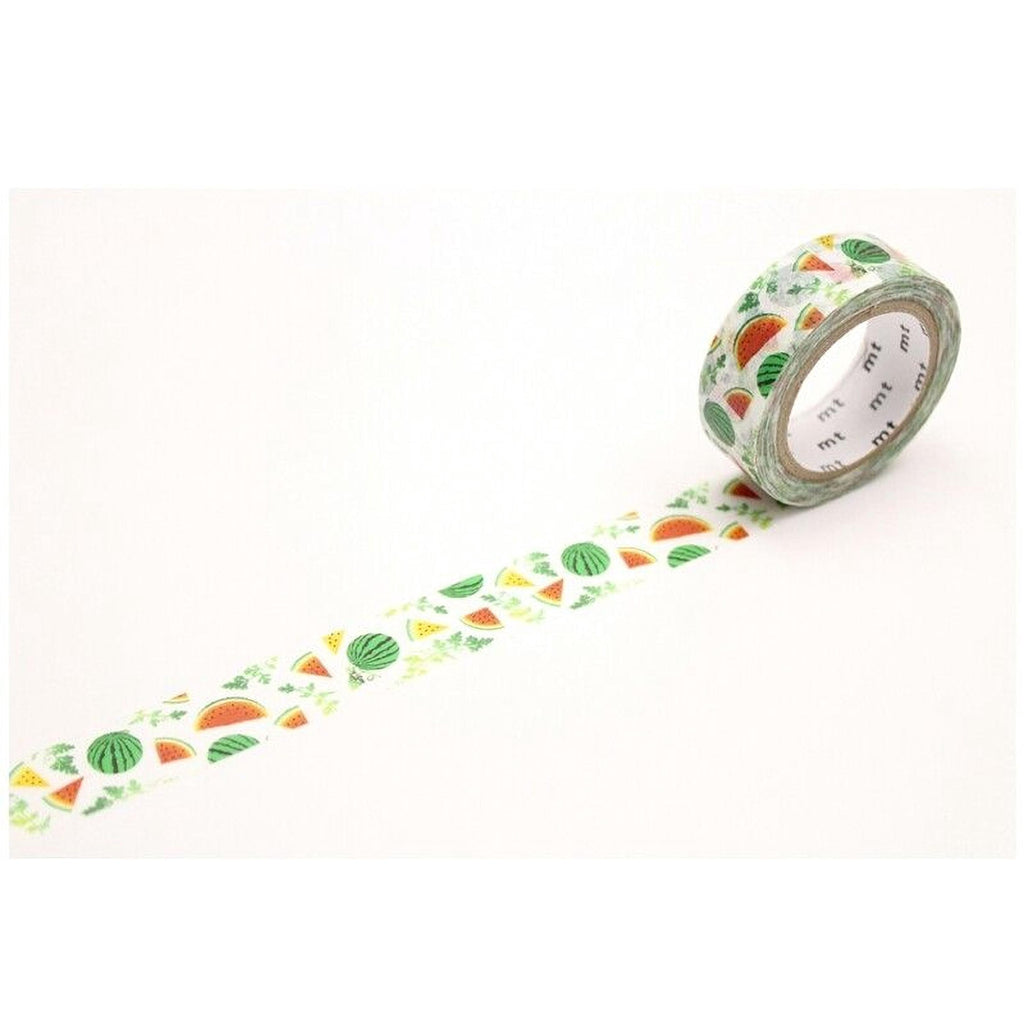 A roll of patterned tape with a repeating design of watermelon and other fruits on it, lying on a white surface.