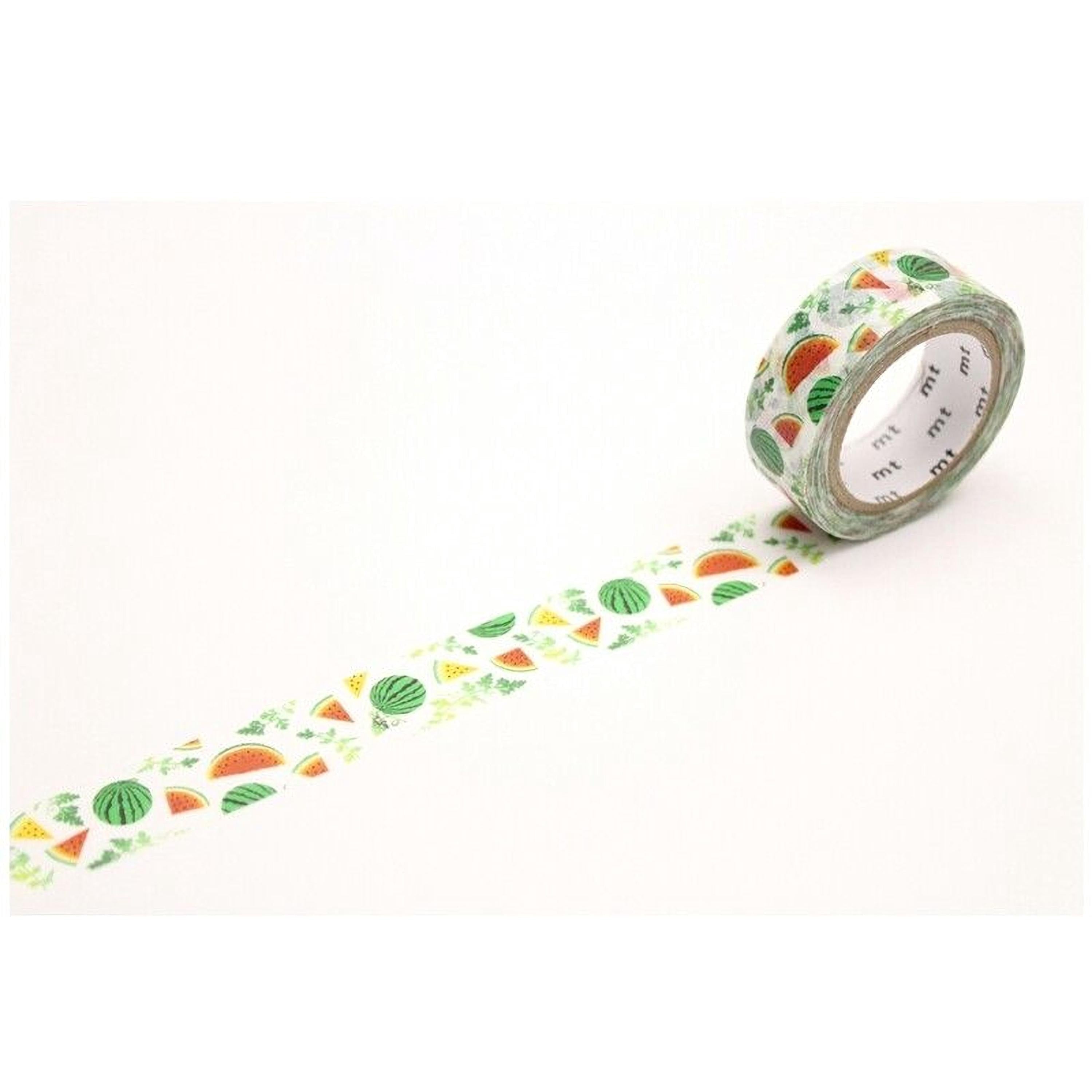 A roll of patterned tape with a repeating design of watermelon and other fruits on it, lying on a white surface.