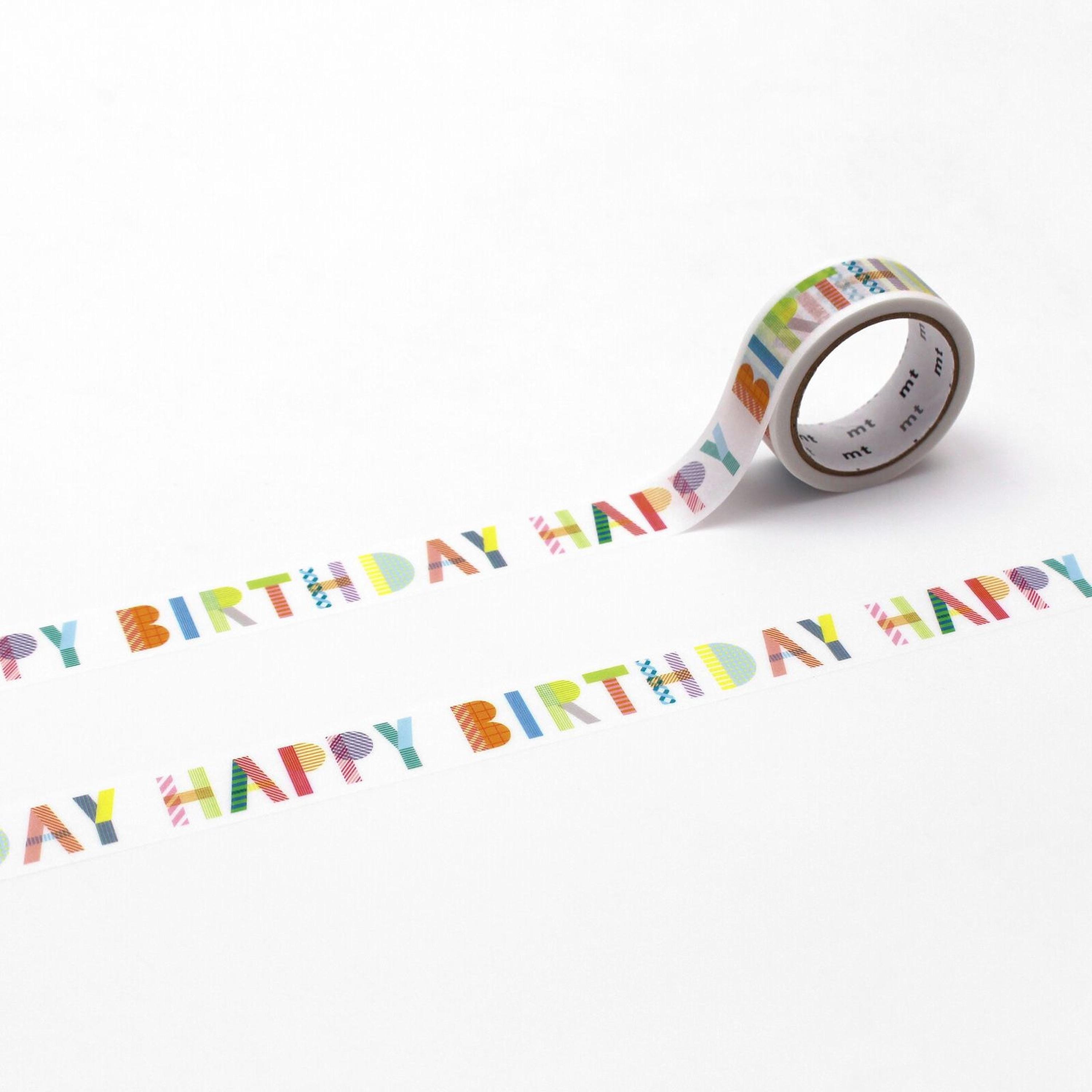 A roll of colorful birthday tape with the text "Happy Birthday" printed on it.