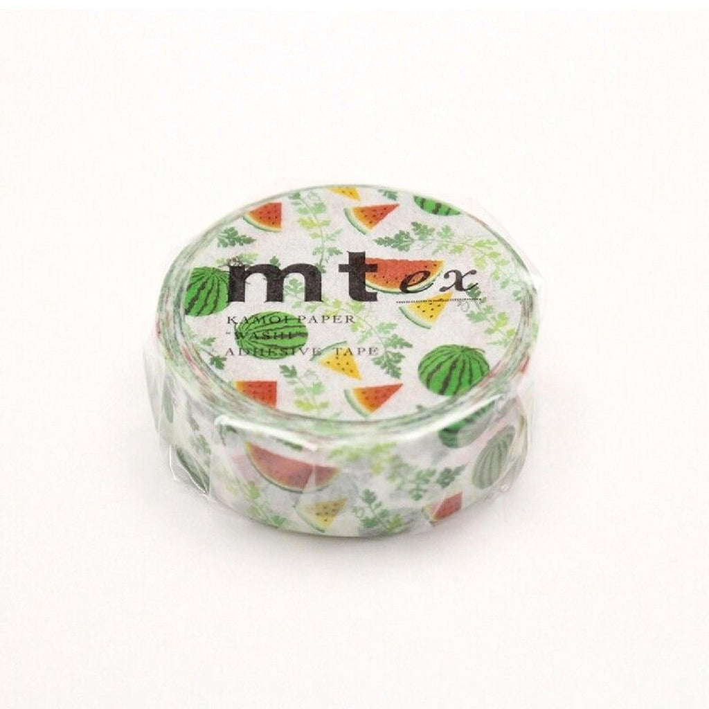A round, white, and green tape dispenser with a pattern of watermelon slices on it.