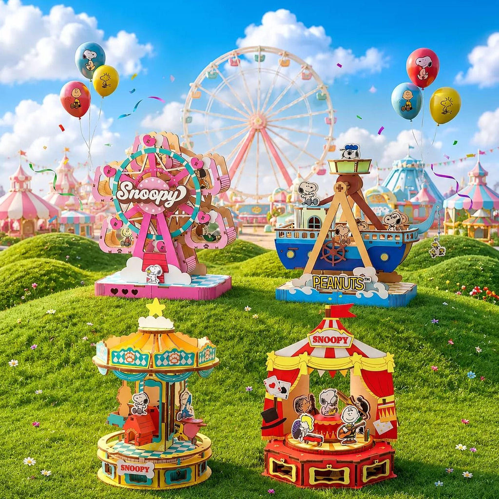 A whimsical and colorful scene featuring various cartoon characters and amusement park rides, including a Ferris wheel, carousel, and other rides, all set against a bright blue sky with fluffy white clouds.