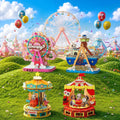 A whimsical and colorful scene featuring various cartoon characters and amusement park rides, including a Ferris wheel, carousel, and other rides, all set against a bright blue sky with fluffy white clouds.