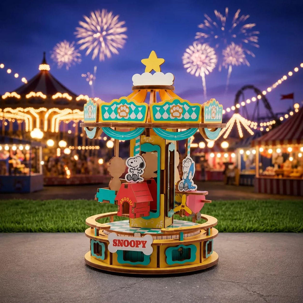 A colorful and whimsical carousel with a character resembling Snoopy, set against a backdrop of a fireworks display and a carnival-like atmosphere.