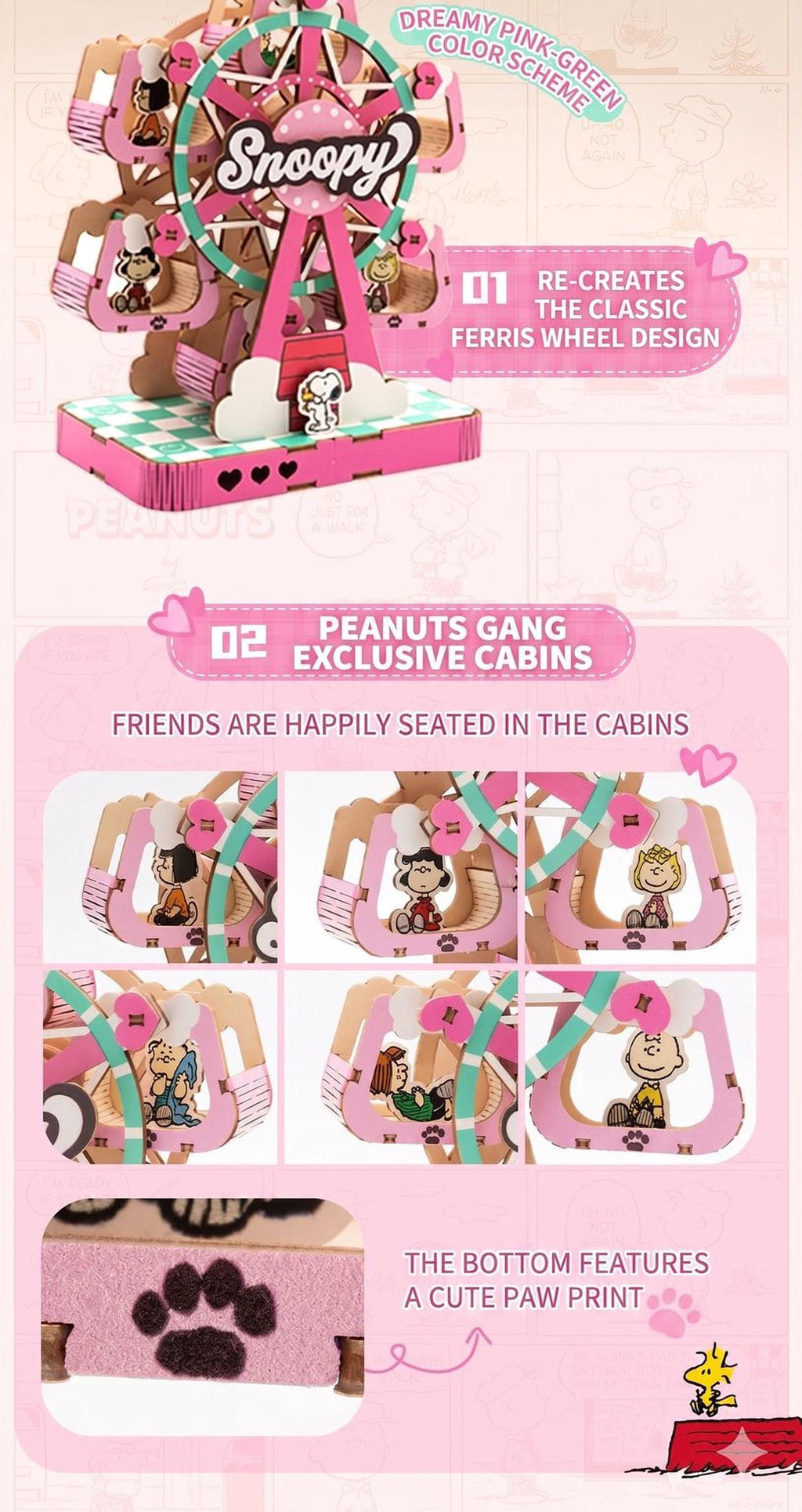 The image is a collage of six images featuring a pink Peanuts-themed Ferris wheel toy. The images show the toy in various positions, with the Peanuts characters visible inside the cabins. The collage also includes text descriptions of the toy, such as "DREAMY PINK COLOR SCHEEM" and "RE-CREATES THE CLASSIC FERRIS WHEEL DESIGN".