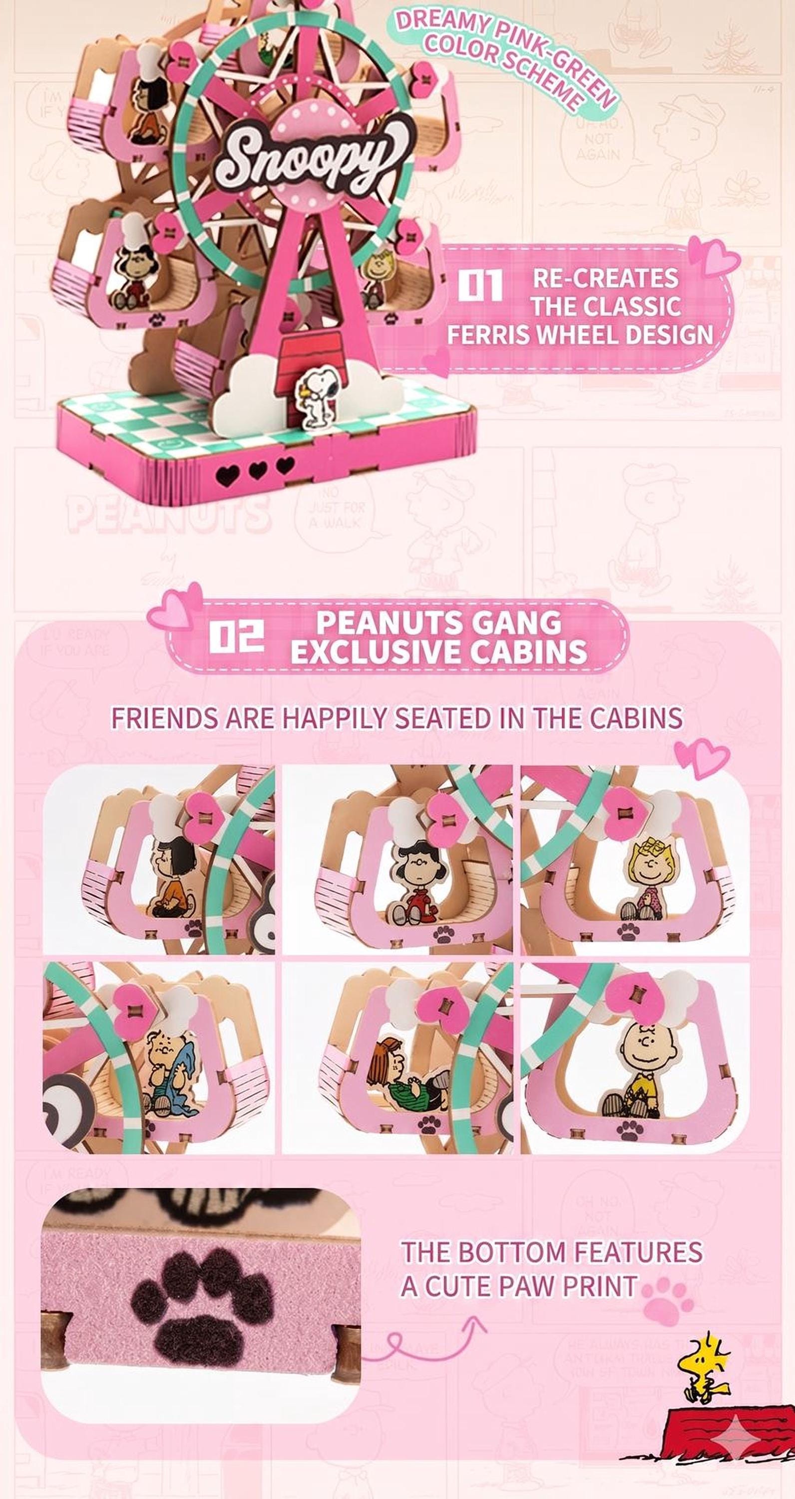 The image is a collage of six images featuring a pink Peanuts-themed Ferris wheel toy. The images show the toy in various positions, with the Peanuts characters visible inside the cabins. The collage also includes text descriptions of the toy, such as "DREAMY PINK COLOR SCHEEM" and "RE-CREATES THE CLASSIC FERRIS WHEEL DESIGN".