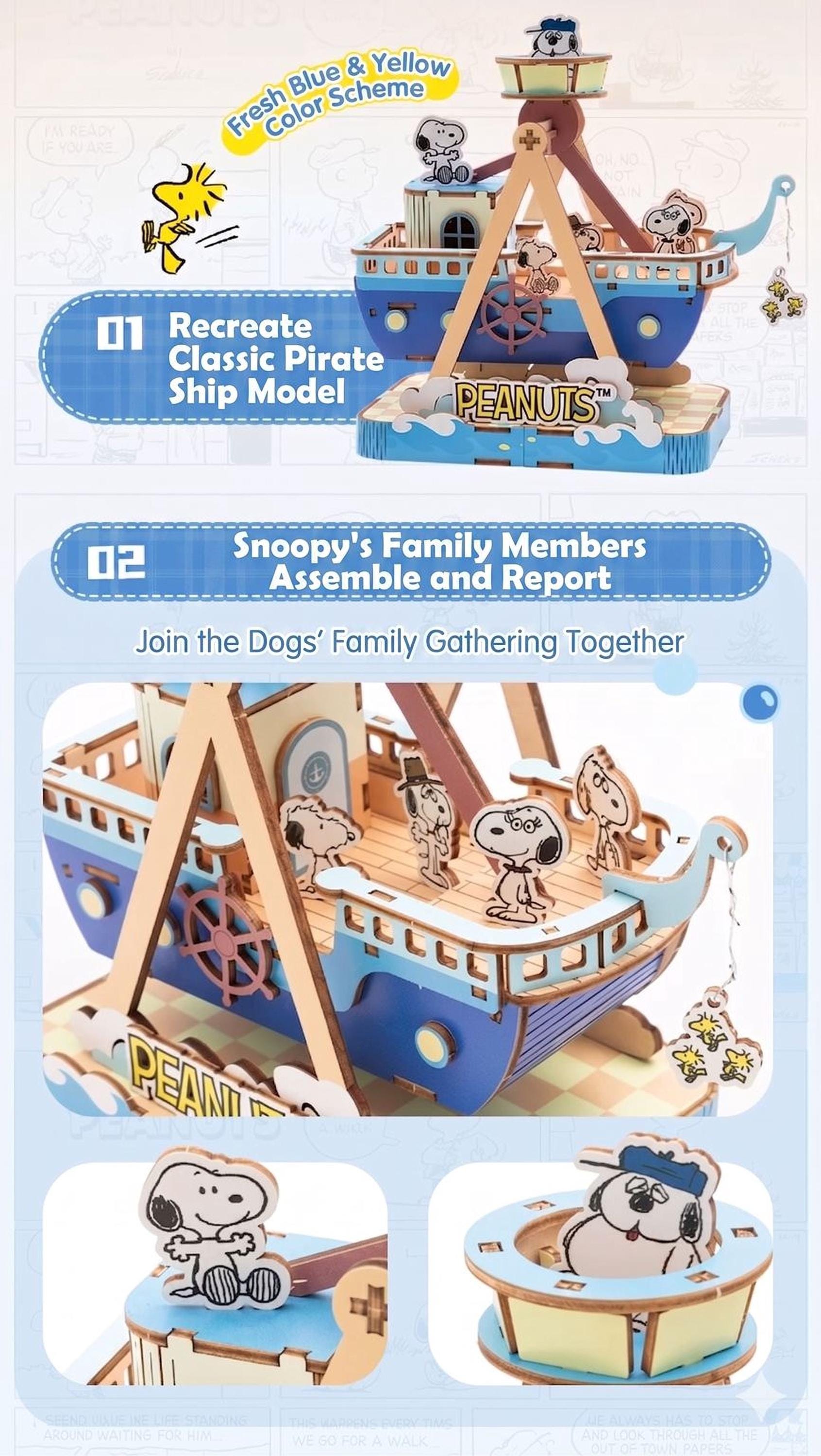 The image is a collage featuring various scenes and elements related to the Peanuts characters, including a model of a classic pirate ship, a family assembly of the characters, and a Peanuts-themed gathering.