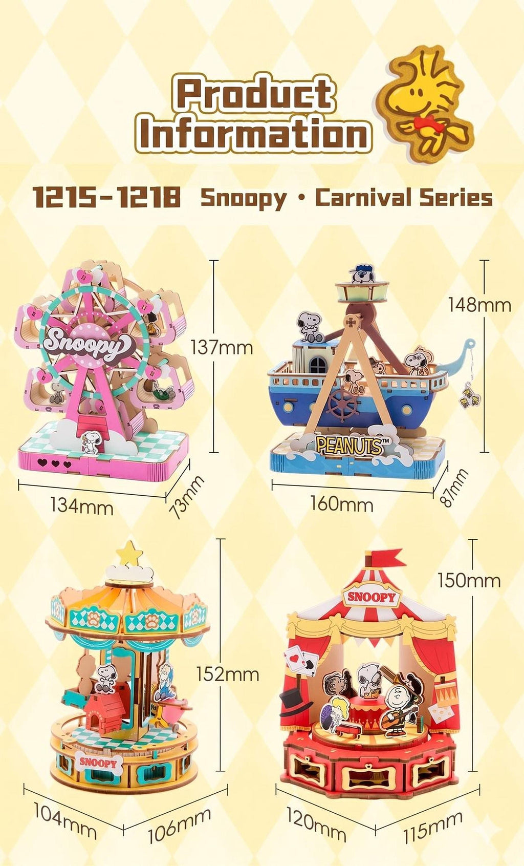 product information for a collection of items related to the Snoopy carnival series. It includes images of a ferris wheel, a boat, a carousel, and a carousel with Snoopy characters. The dimensions of the items are provided, along with the product name, 1215-1218 Snoopy Carnival Series.
