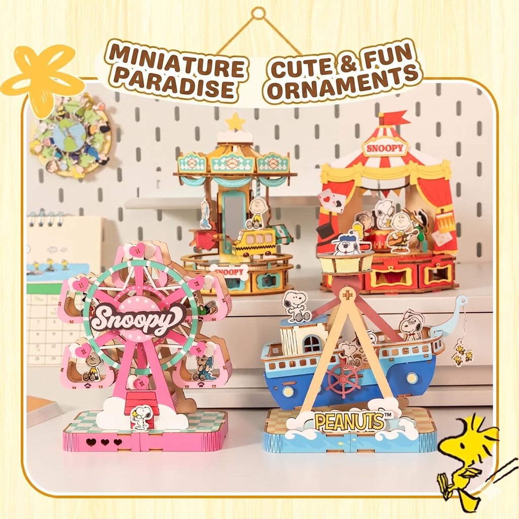 a collection of miniature ornaments and toys, including a Ferris wheel, a Peanuts-themed boat, and a Peanuts-themed carousel. The ornaments are designed to resemble characters from the Peanuts comic strip, such as Snoopy, Peanuts, and Peanuts. The toys are arranged on a shelf, creating a visually appealing display.