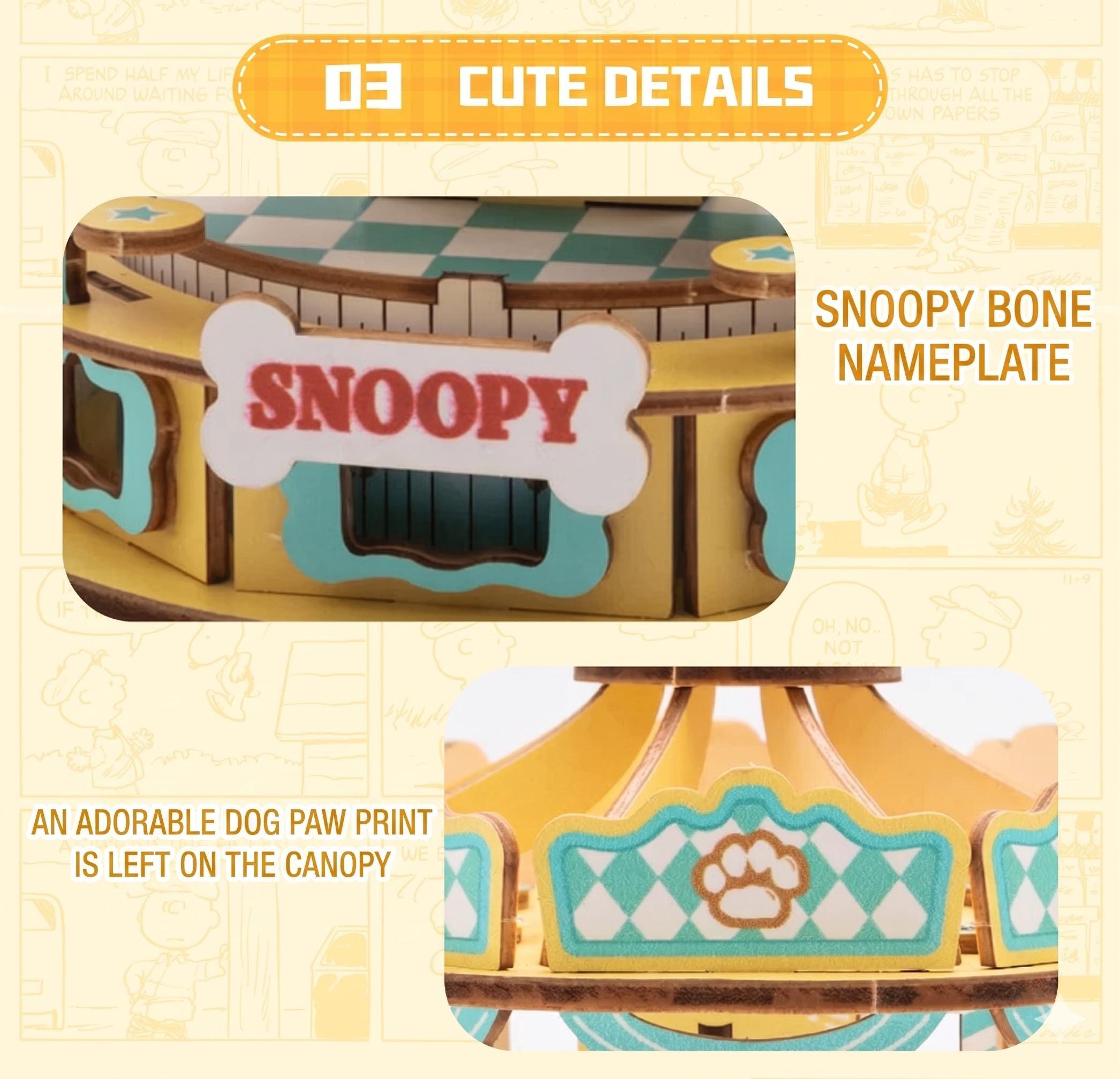 The image is a collage of two photos featuring a Snopy bone-shaped nameplate and a dog paw print on a carousel. The first photo shows the nameplate, while the second photo shows the carousel. The image does not contain any text.