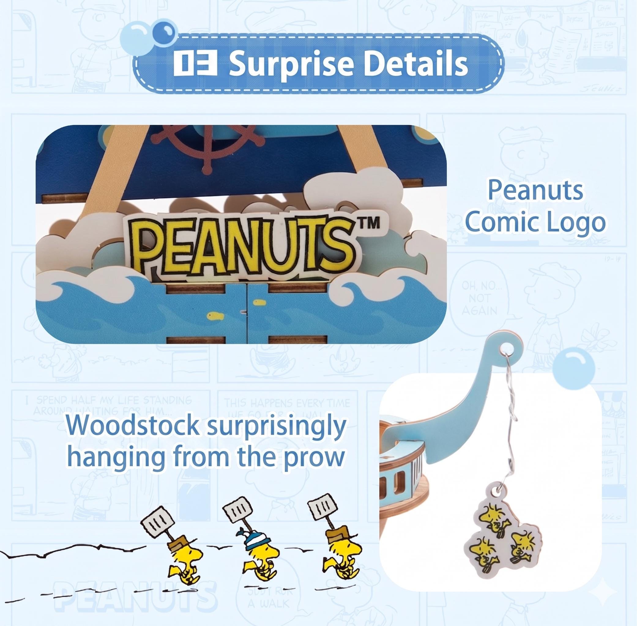 The image is a collage of various Peanuts-themed items, including a Peanuts comic logo, a Peanuts-themed boat, and a Peanuts-themed pecan-themed item. The collage also includes a Peanuts-themed boat hanging from a rope and a Peanuts-themed pecan-themed item hanging from a hook. The image is described as a surprise detail, and it features the Peanuts comic logo, a Peanuts boat, and a Peanuts pecan-themed item.