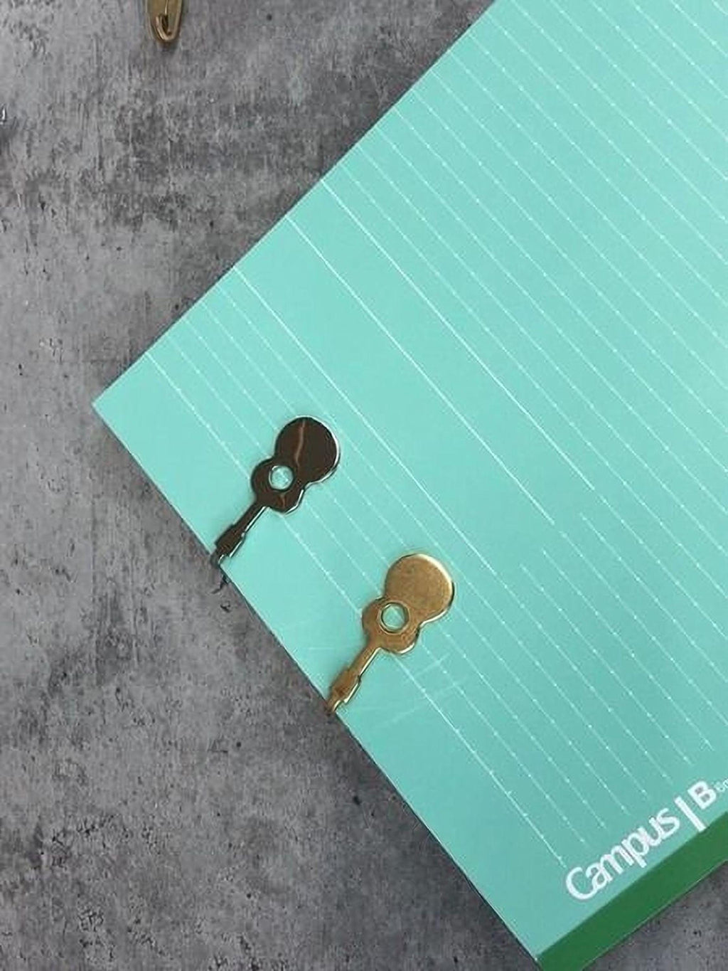 two small, metallic guitar-shaped keys placed on a light blue, grid-like background.