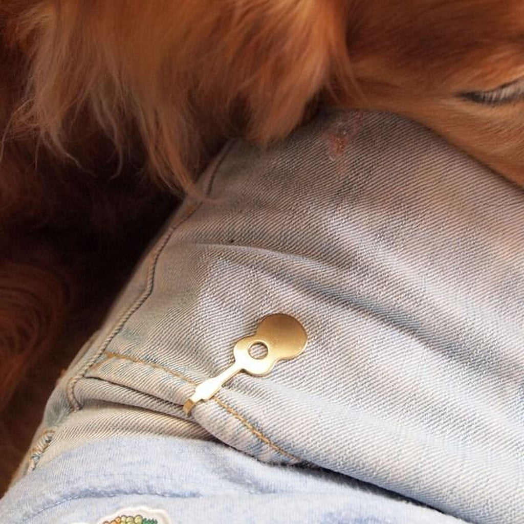 A golden guitar clip is attached to a person's denim jeans, with the dog's head peeking out from behind the jeans.