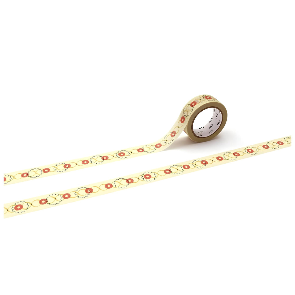 a roll of yellow and red patterned tape with a repeating floral design.