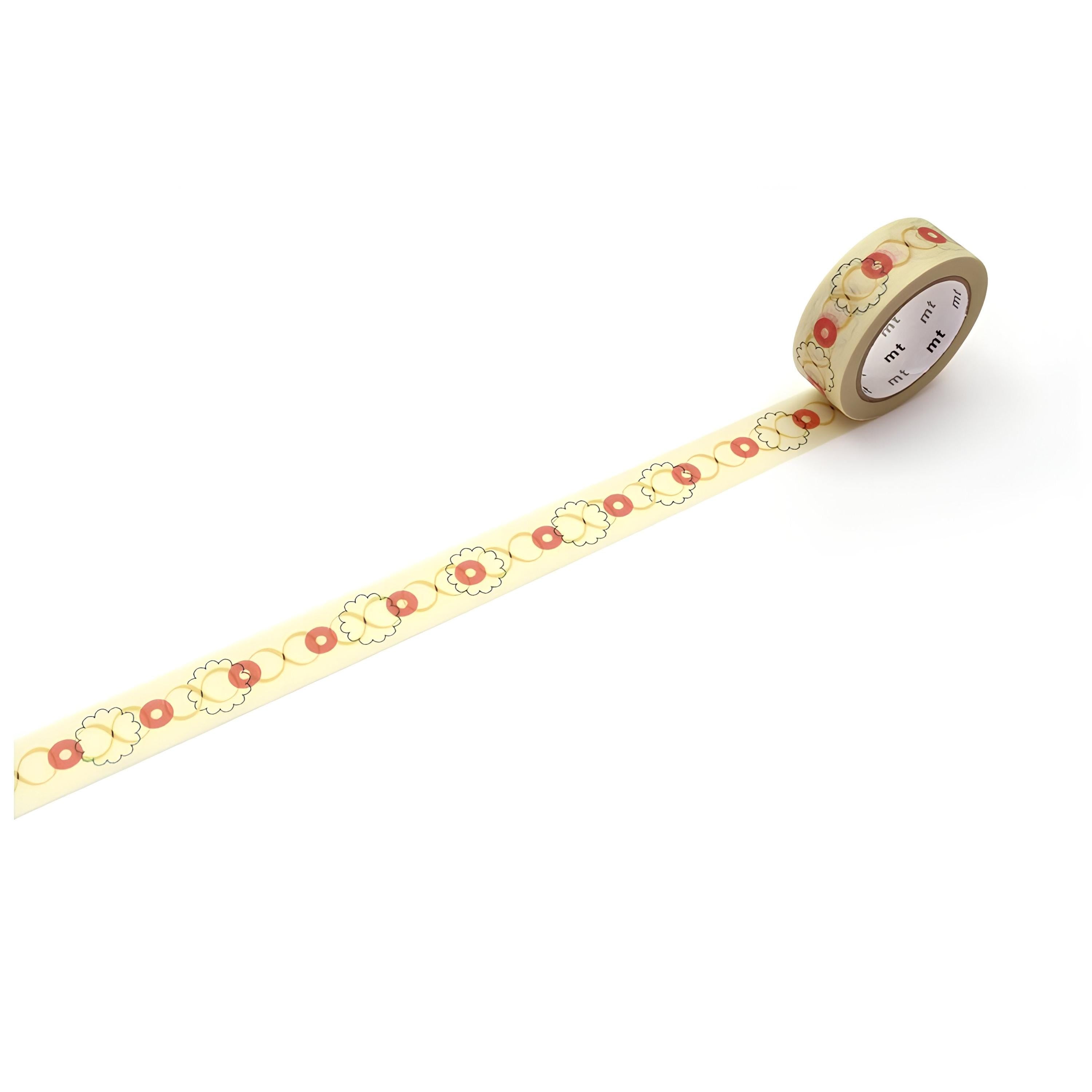 A roll of yellow and red patterned tape is lying on a white surface, with the tape partially unwinding and revealing the pattern on the surface.
