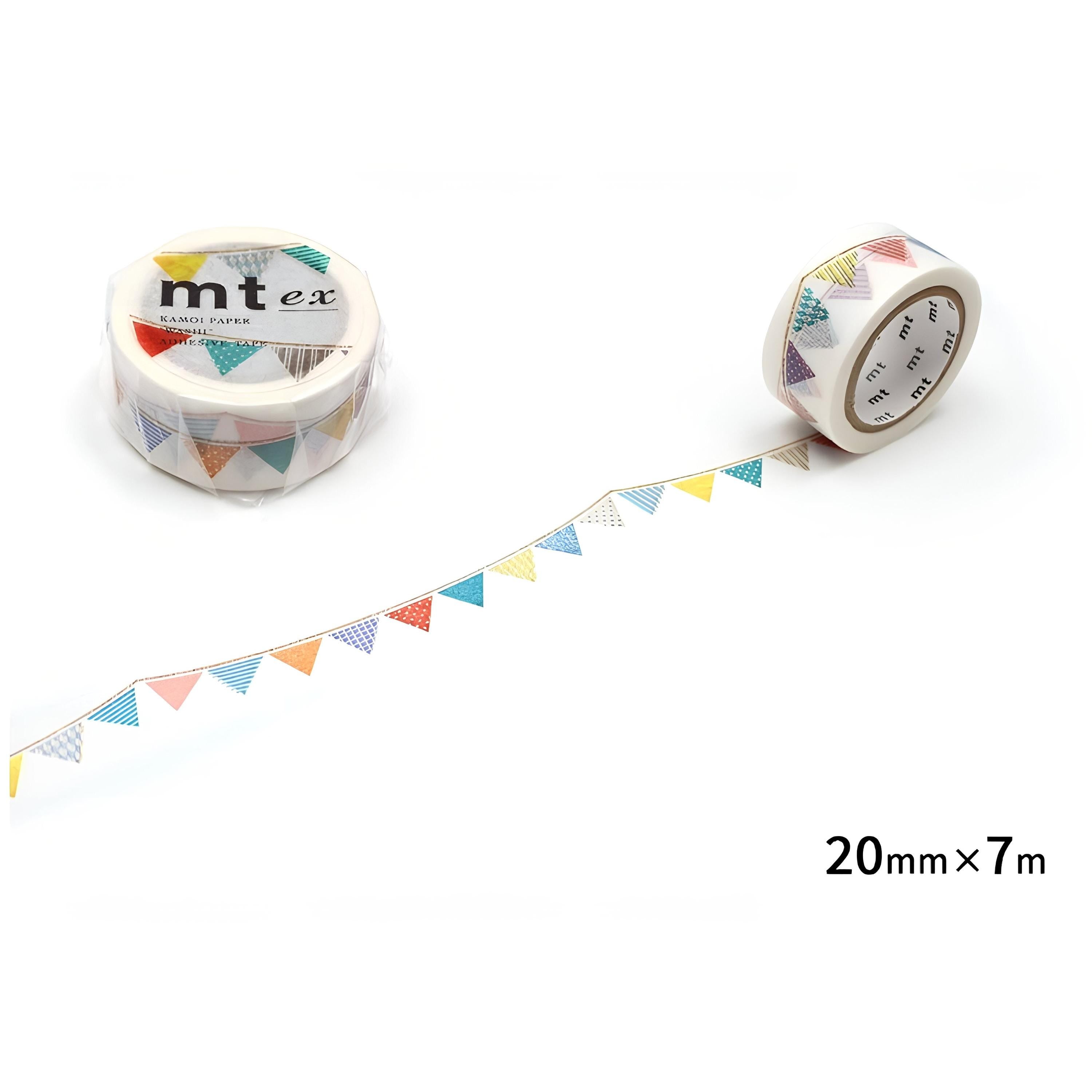 a roll of colorful flag-like tape and a small container of the tape, both placed on a white background.