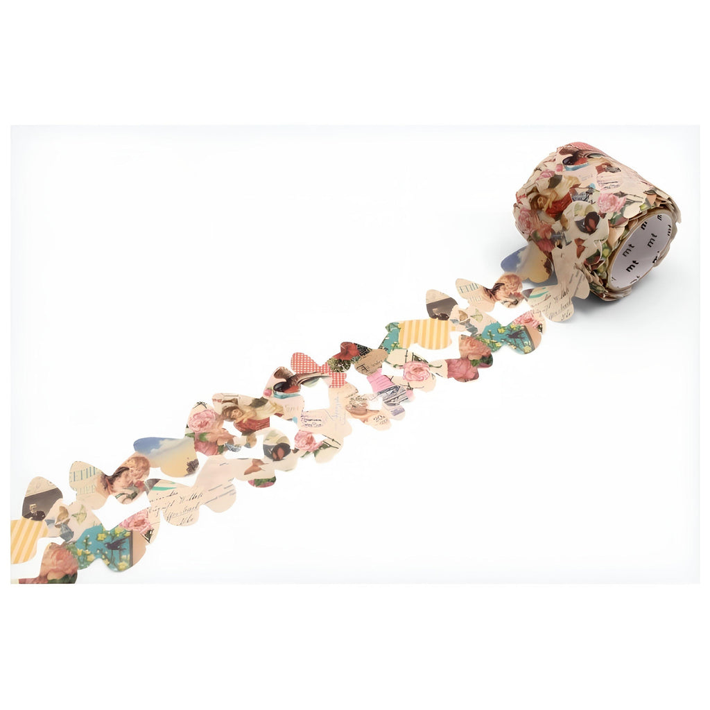 A roll of decorative paper tape with various colorful patterns and images printed on it, lying on a white surface.
