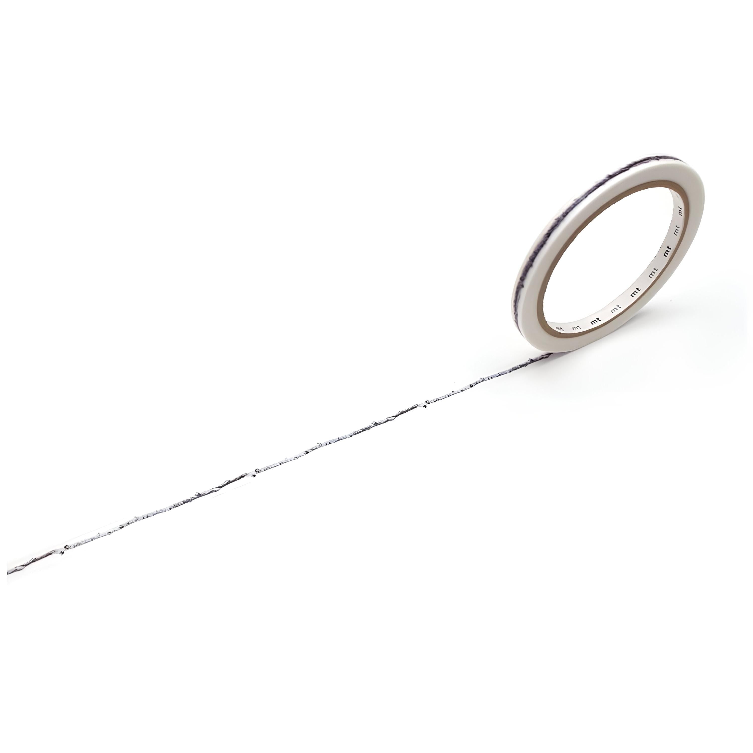 A roll of white tape with a silver stripe is shown against a white background.
