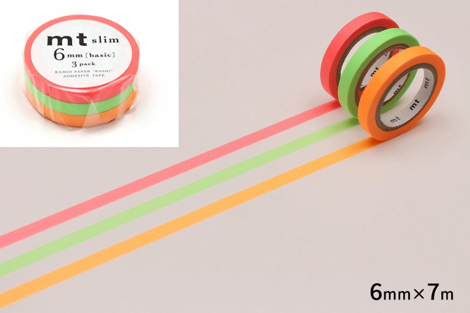 a pack of 6mm (7.5 cm) slim, basic, and 3-pack adhesive tape with a pink, green, and orange color scheme. The tape is arranged in a way that creates a rainbow-like pattern on a white background.