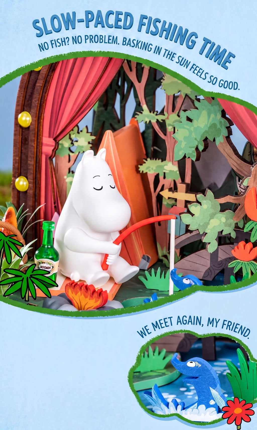 A whimsical scene featuring a white character, possibly a character from the Moomo series, sitting in a forest and holding a fishing rod, surrounded by various objects and animals.