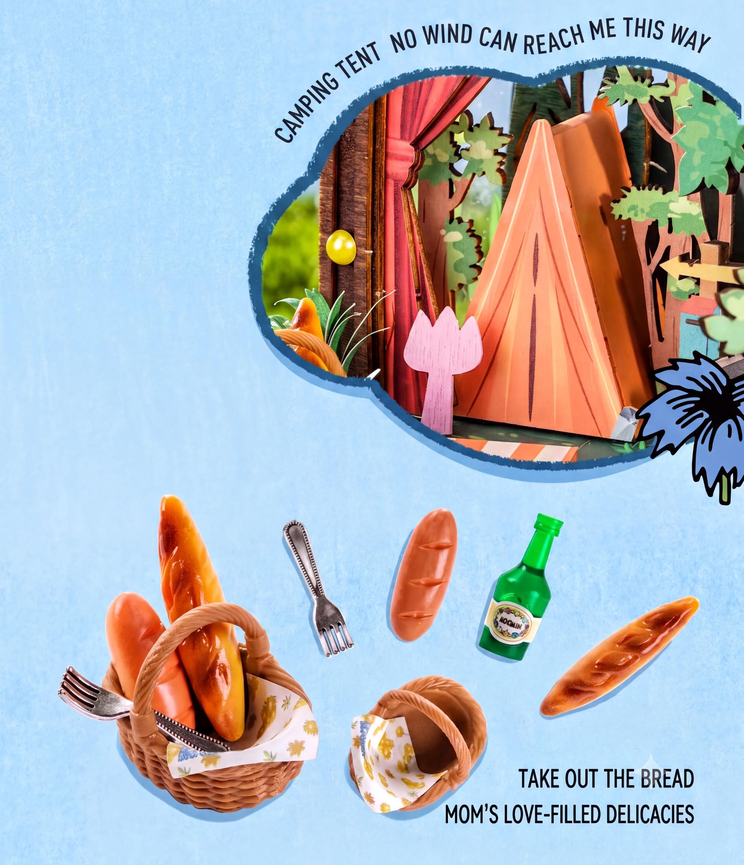 The image is a collage of various objects, including a camping tent, bread, a bottle, a fork, and a spoon, all set against a blue background.